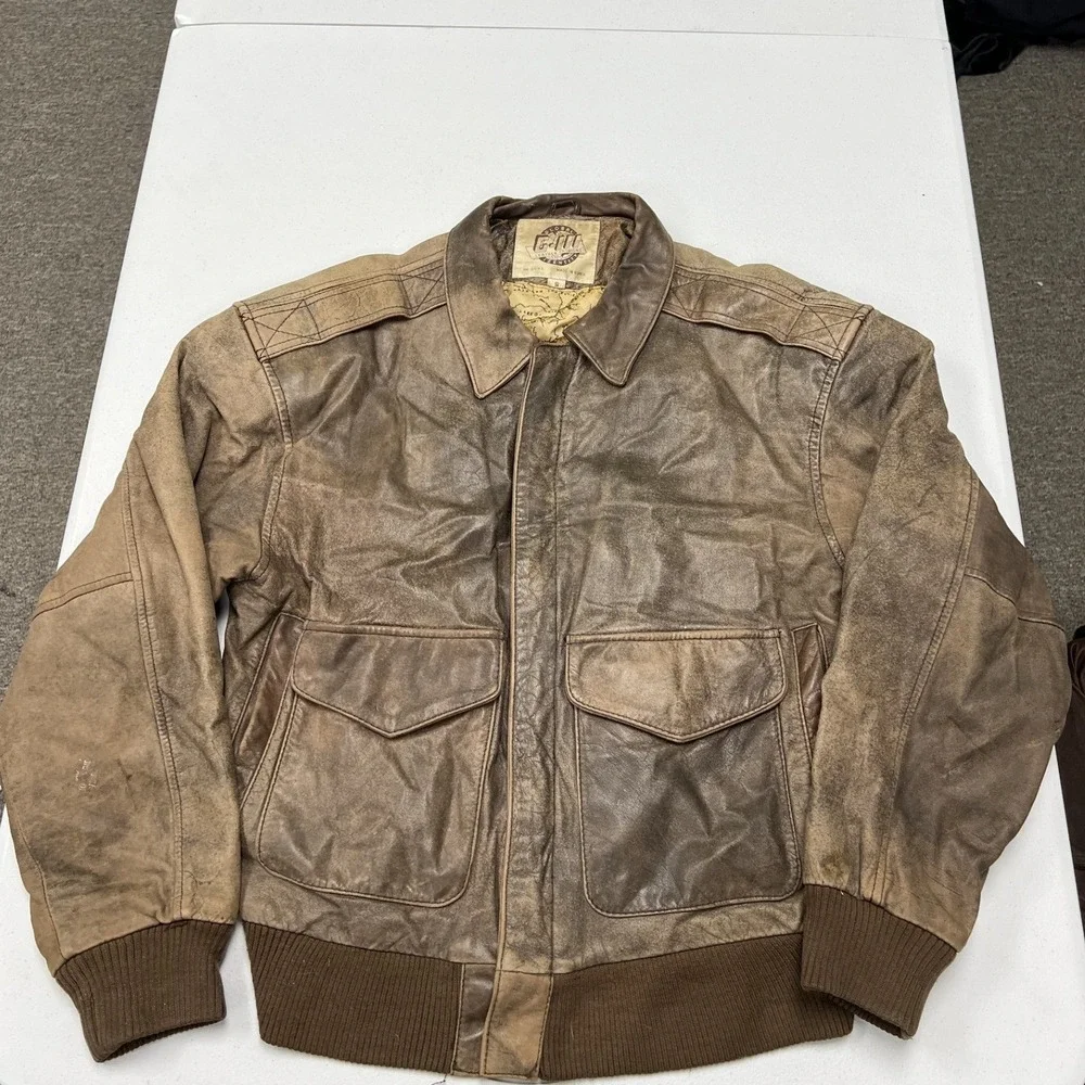 G-III Leather Flight Jacket Mens S Brown Distressed Map Lining Bomber E2